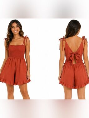 SHEIN Rust Red Smocked Tie-Back Mini Romper Dress